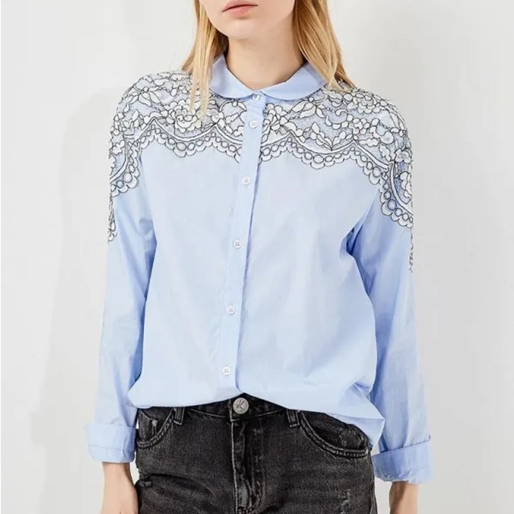 Twin-Set Pale Blue Lace-Yoke Button-Down Shirt